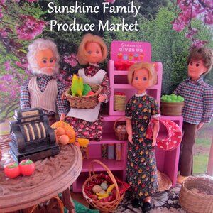 4 SUNSHINE FAMILY DOLLS w COUNTRY PRODUCE MARKET - LARGE LOT of FUN! SEE PHOTOS!